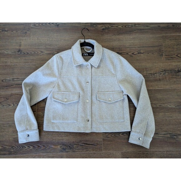 ZARA STUDIO FAUX WOOL METAL BUTTON CROPPED JACKET Biege Size Medium - Picture 6 of 10